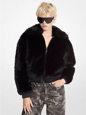 MICHAEL KORS Black Faux Fur Bomber Jacket